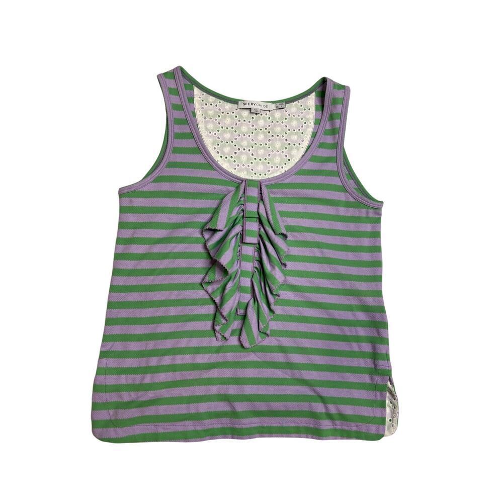 See By Chloé Striped Ruffled Front Tank Top SZ 2